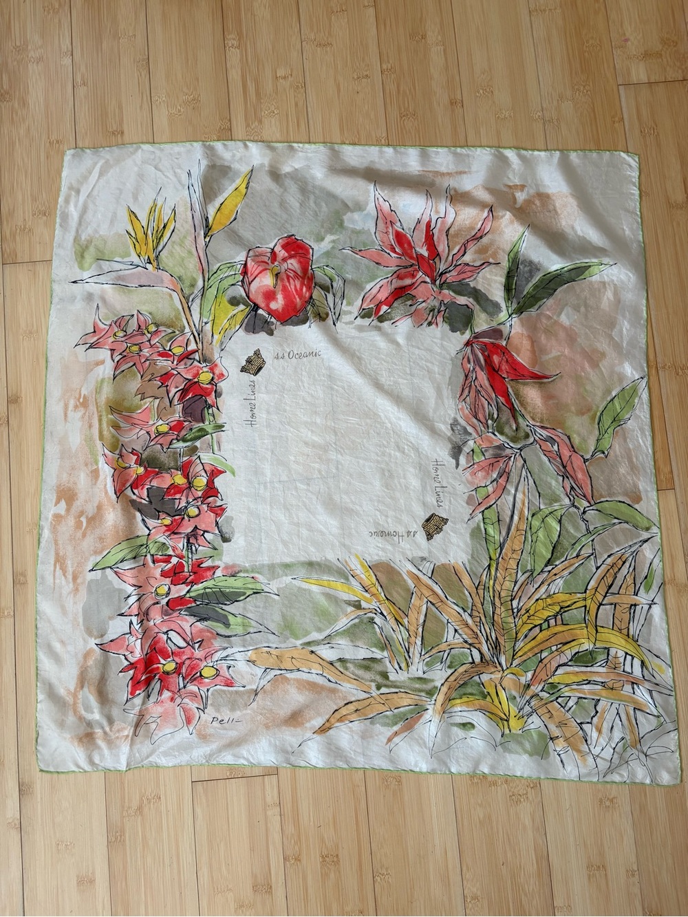Vintage 60’s Silk Floral Scarf  SS Oceanic Home Lines with Botanical Print